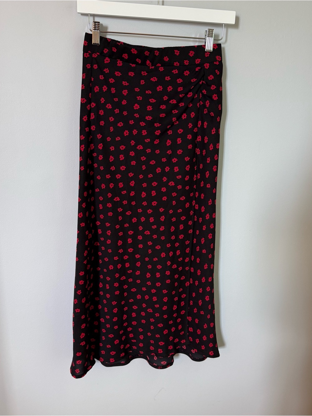 Princess Polly Petite Black Maxi Skirt with Red Floral Print and Side Slit